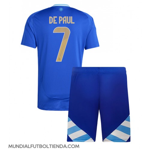 Camiseta Argentina Rodrigo De Paul #7 Segunda Equipación Replica Copa America 2024 para niños mangas cortas (+ Pantalones cortos)